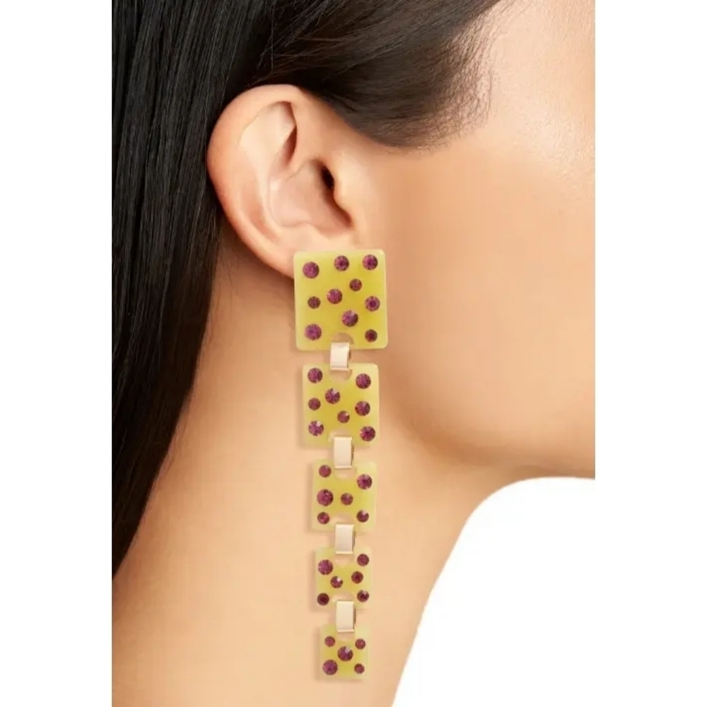 Long Dangle Earrings Chartreuse Fuchsia Resin Squares Pierced Yellow OpenEdit